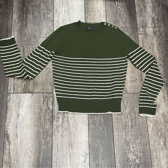 Zara Striped Lightweight Long Sleeve Sweater Green and White Size Small - Picture 8 of 13